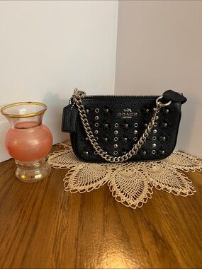 Coach Blue Studded Leather Chelsea Mini Wristlet with Chain Strap